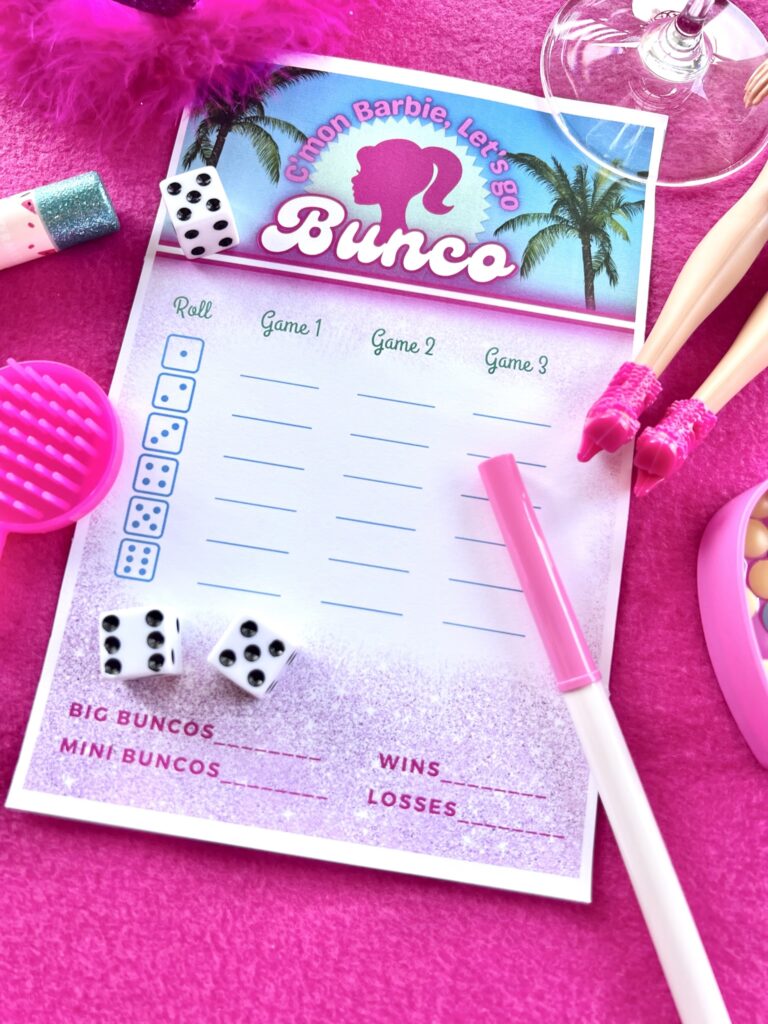 Barbie bunco score sheets for pink bunko theme showing dice doll barbie movie theme ideas with ghost card table numbers tally sheet for bunco 